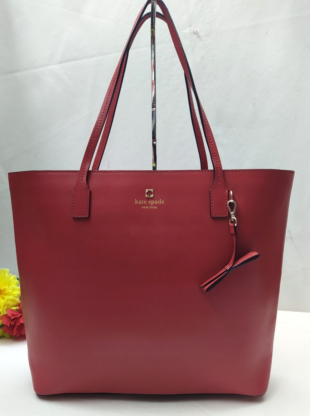 Kate Spade New York Red Leather Double Handles Zipper Tote Bag